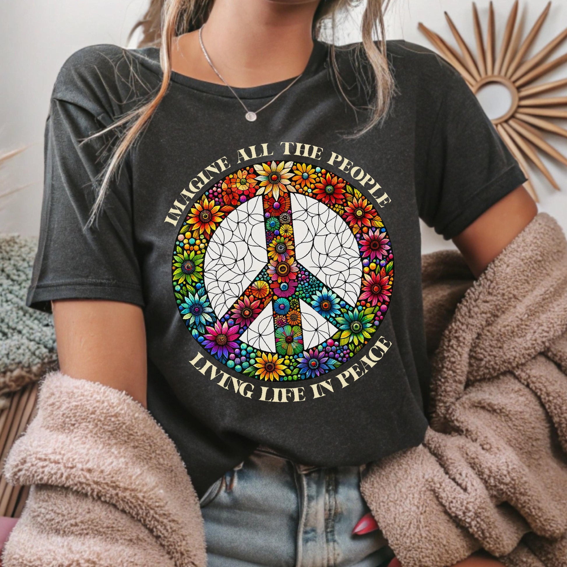 Imagine Peace Sign Flower Shirt, Retro Hippie Boho Tee, Anti War T-Shirt