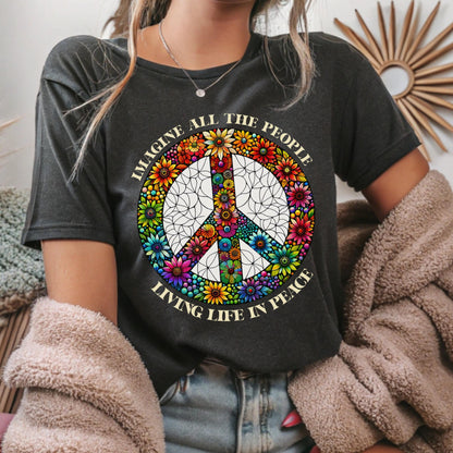 Imagine Peace Sign Flower Shirt, Retro Hippie Boho Tee, Anti War T-Shirt