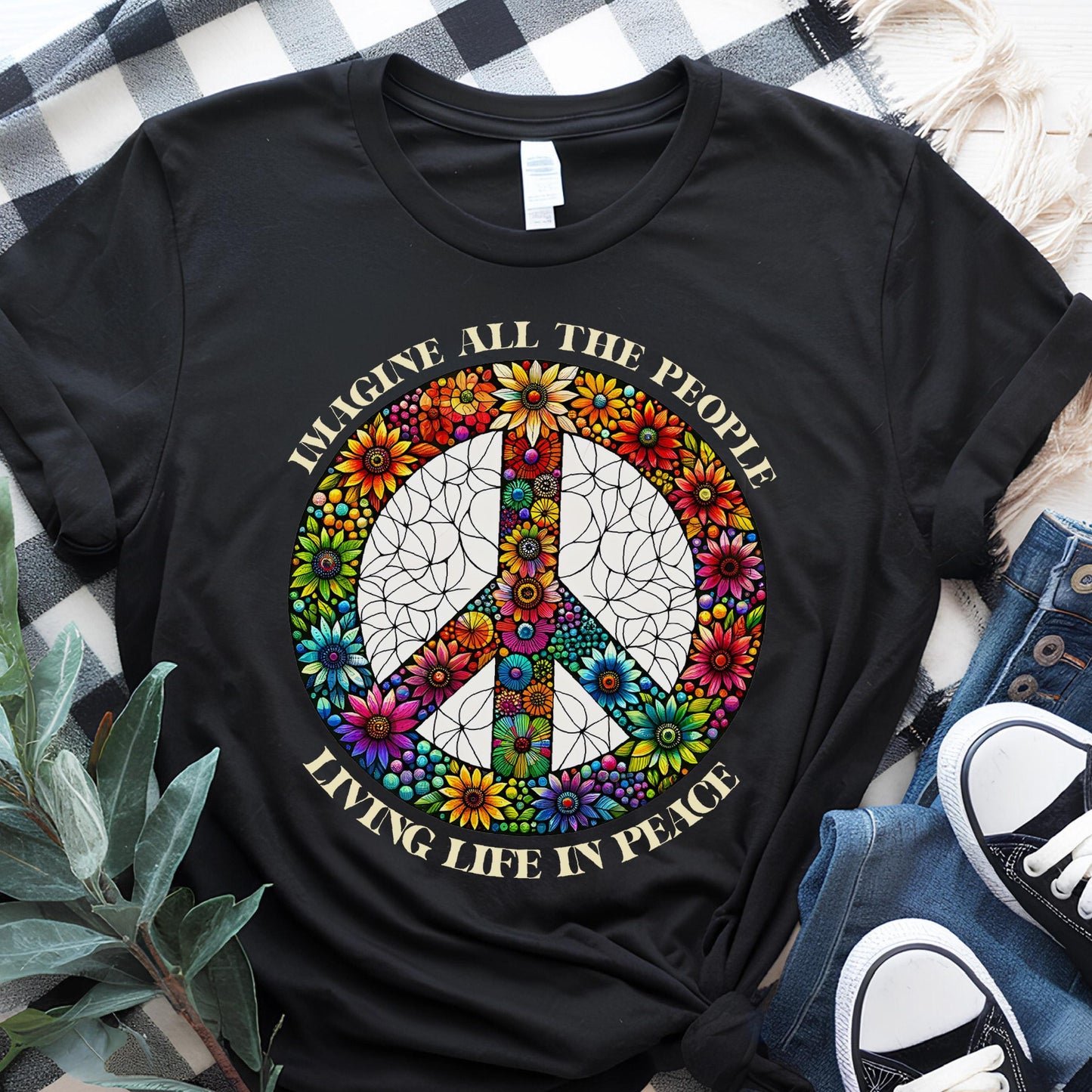 Imagine Peace Sign Flower Shirt, Retro Hippie Boho Tee, Anti War T-Shirt