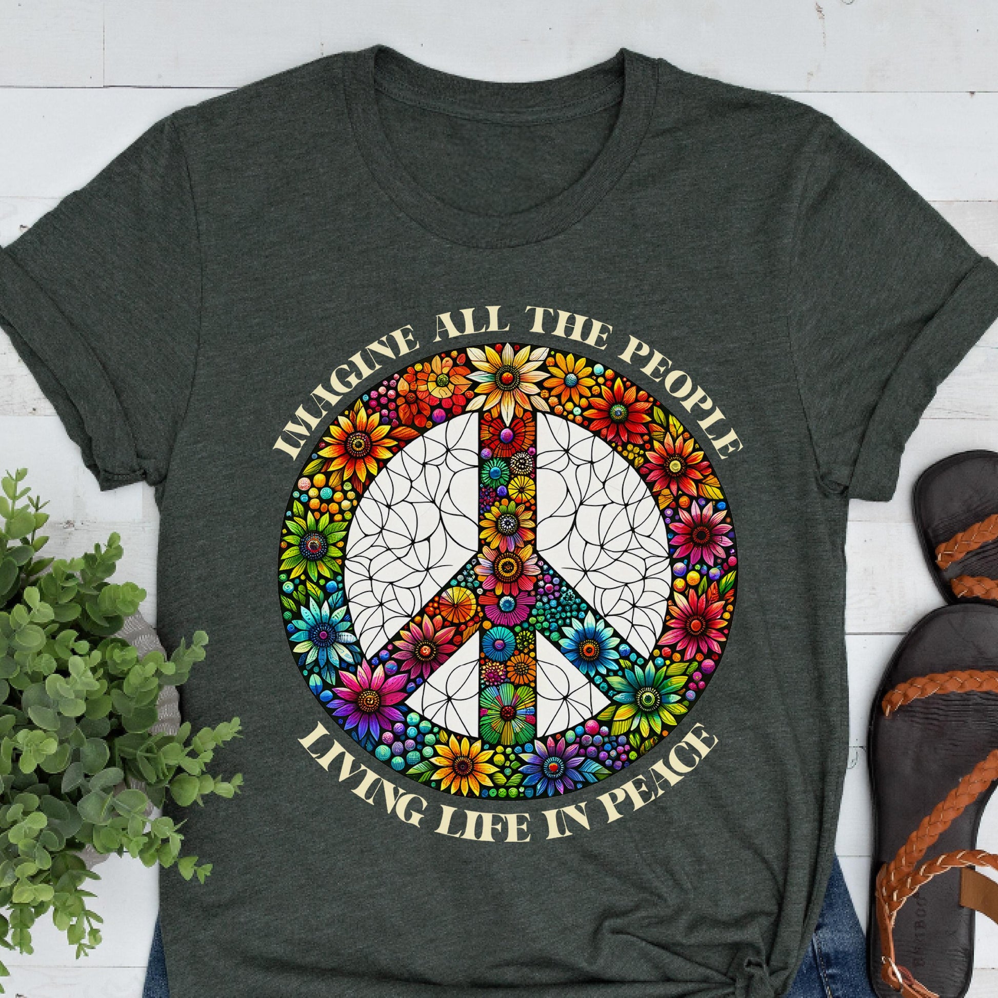 Imagine Peace Sign Flower Shirt, Retro Hippie Boho Tee, Anti War T-Shirt