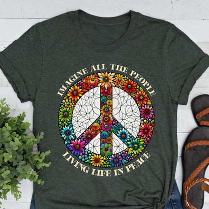 Imagine Peace Sign Flower Shirt, Retro Hippie Boho Tee, Anti War T-Shirt