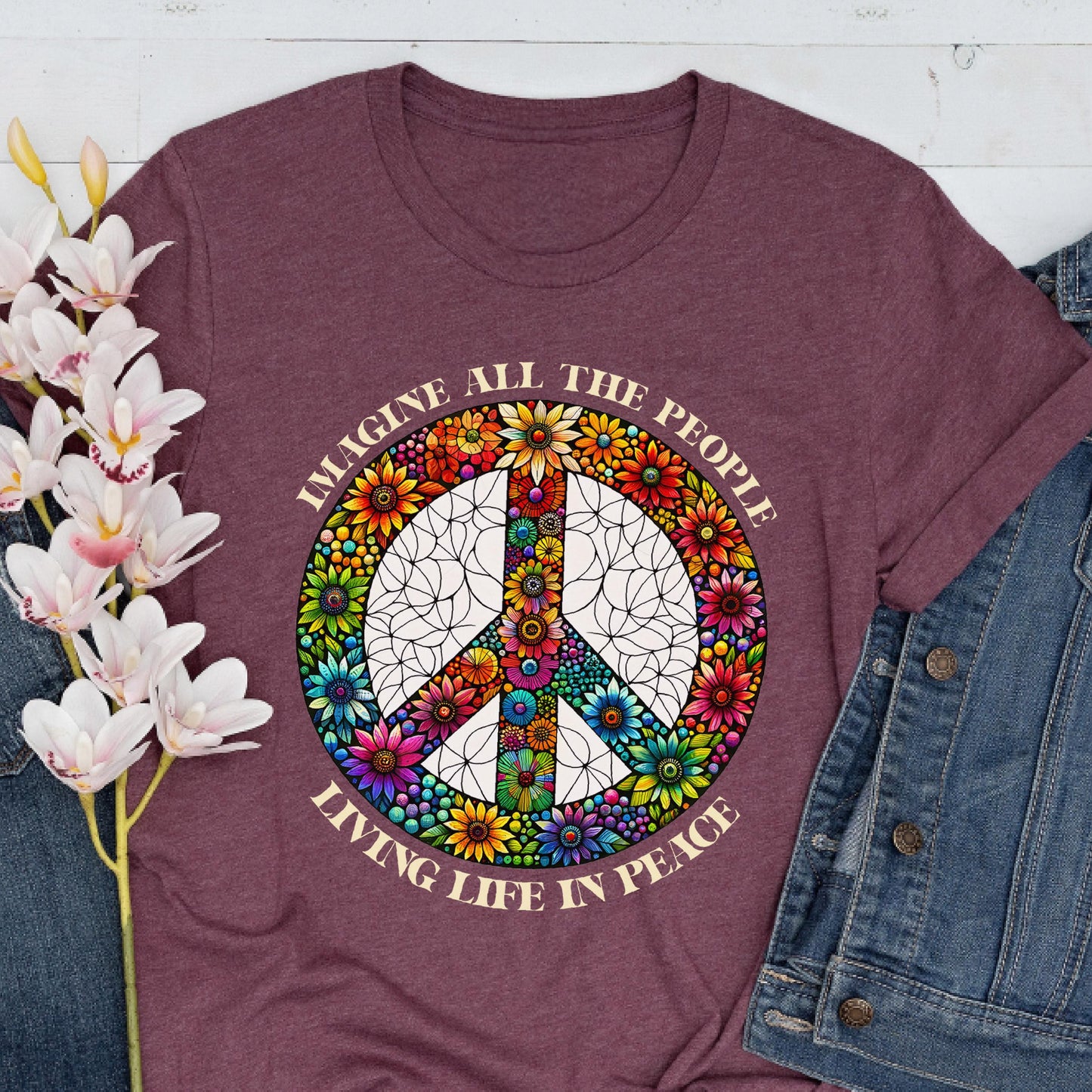 Imagine Peace Sign Flower Shirt, Retro Hippie Boho Tee, Anti War T-Shirt