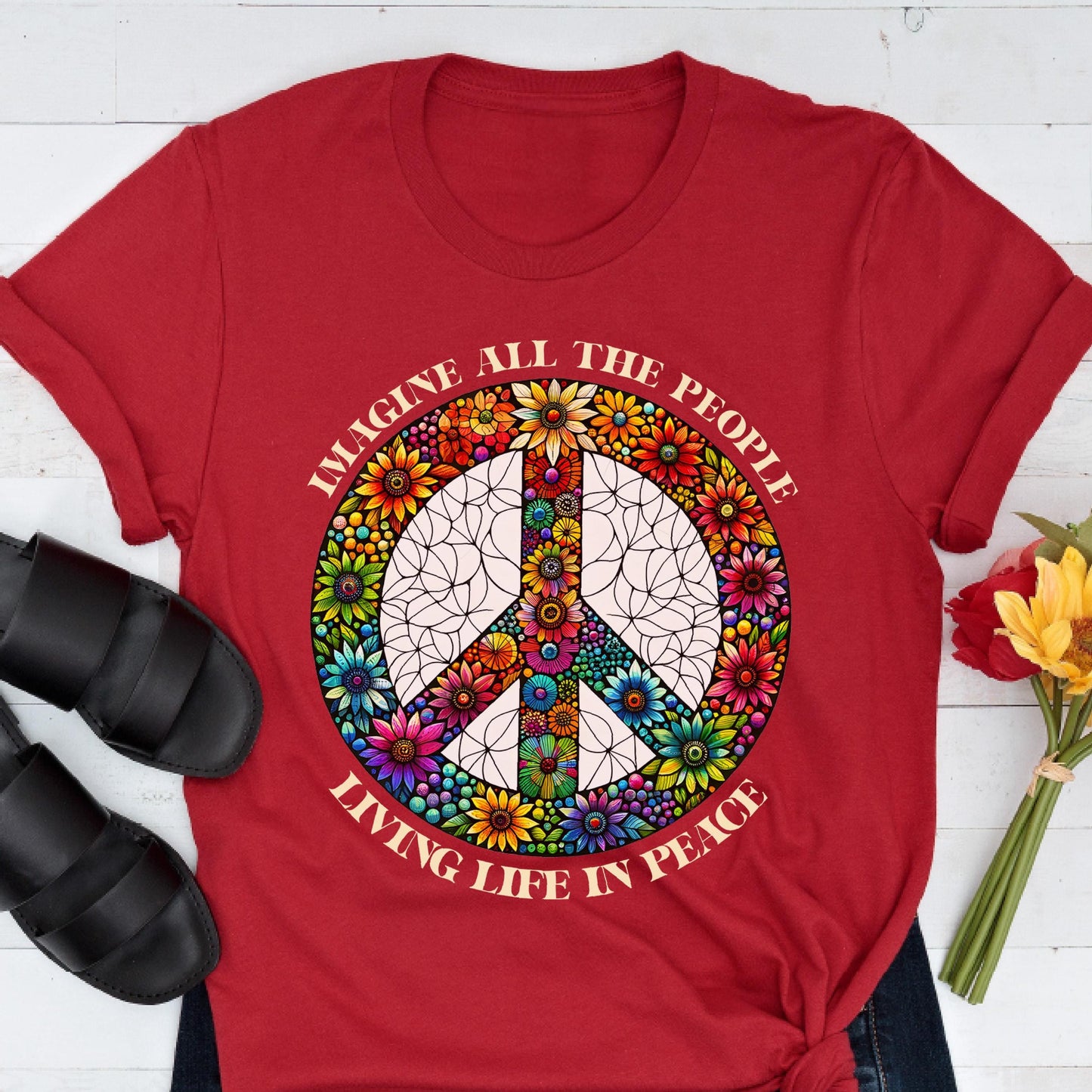 Imagine Peace Sign Flower Shirt, Retro Hippie Boho Tee, Anti War T-Shirt