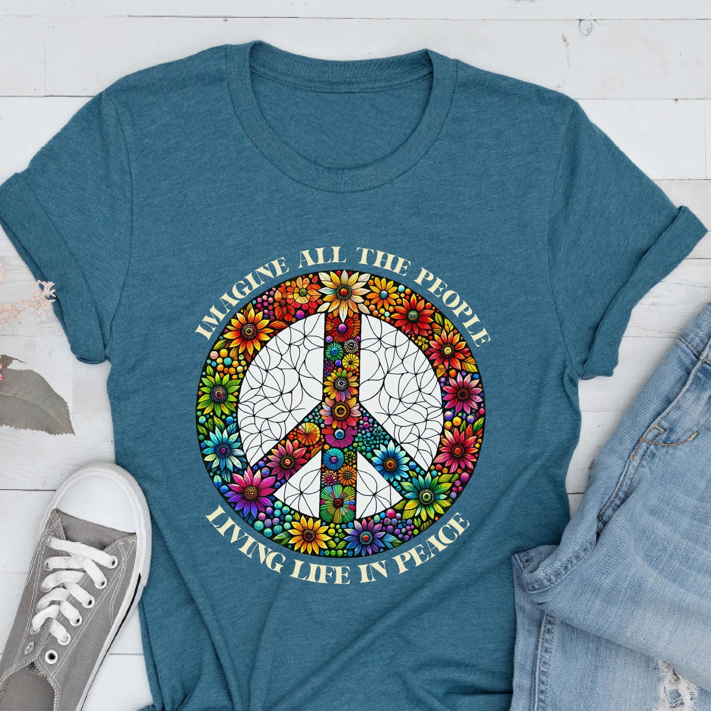 Imagine Peace Sign Flower Shirt, Retro Hippie Boho Tee, Anti War T-Shirt