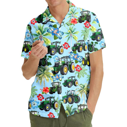 Farm Tractor Hawaiian Shirt for Men Women Youth, Tropical Farmer Aloha Shirt Button Down Short Sleeve, Farming Gift for Him