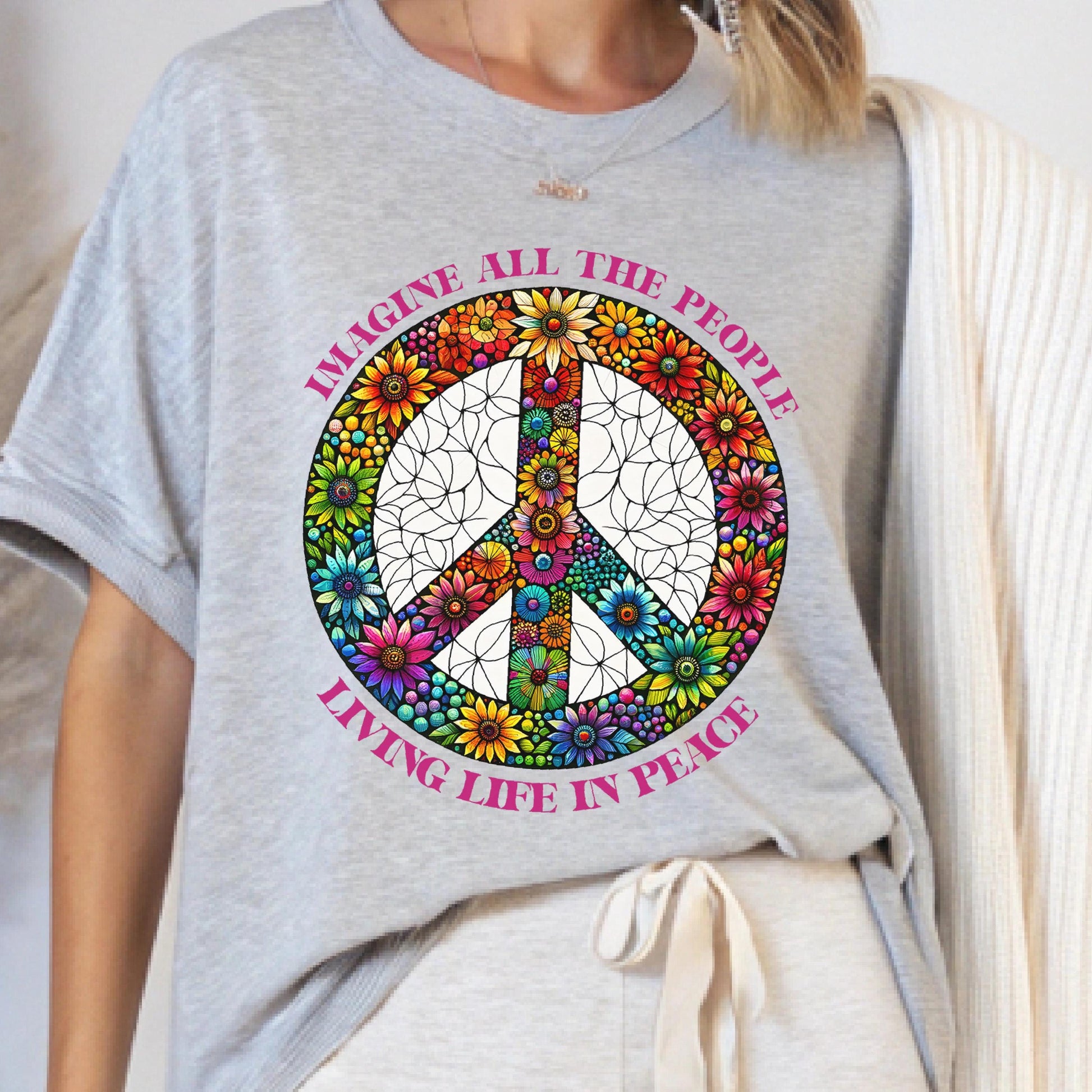 Imagine Peace Sign Flower Shirt, Retro Hippie Boho Tee, Anti War T-Shirt