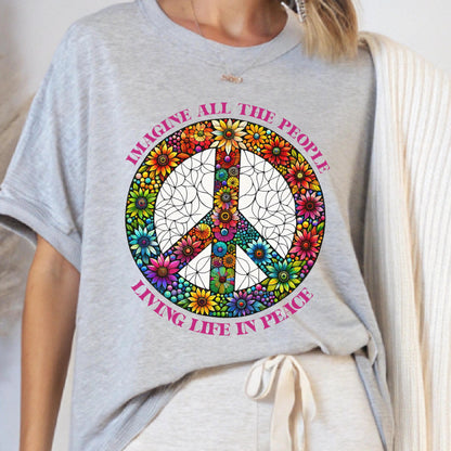 Imagine Peace Sign Flower Shirt, Retro Hippie Boho Tee, Anti War T-Shirt