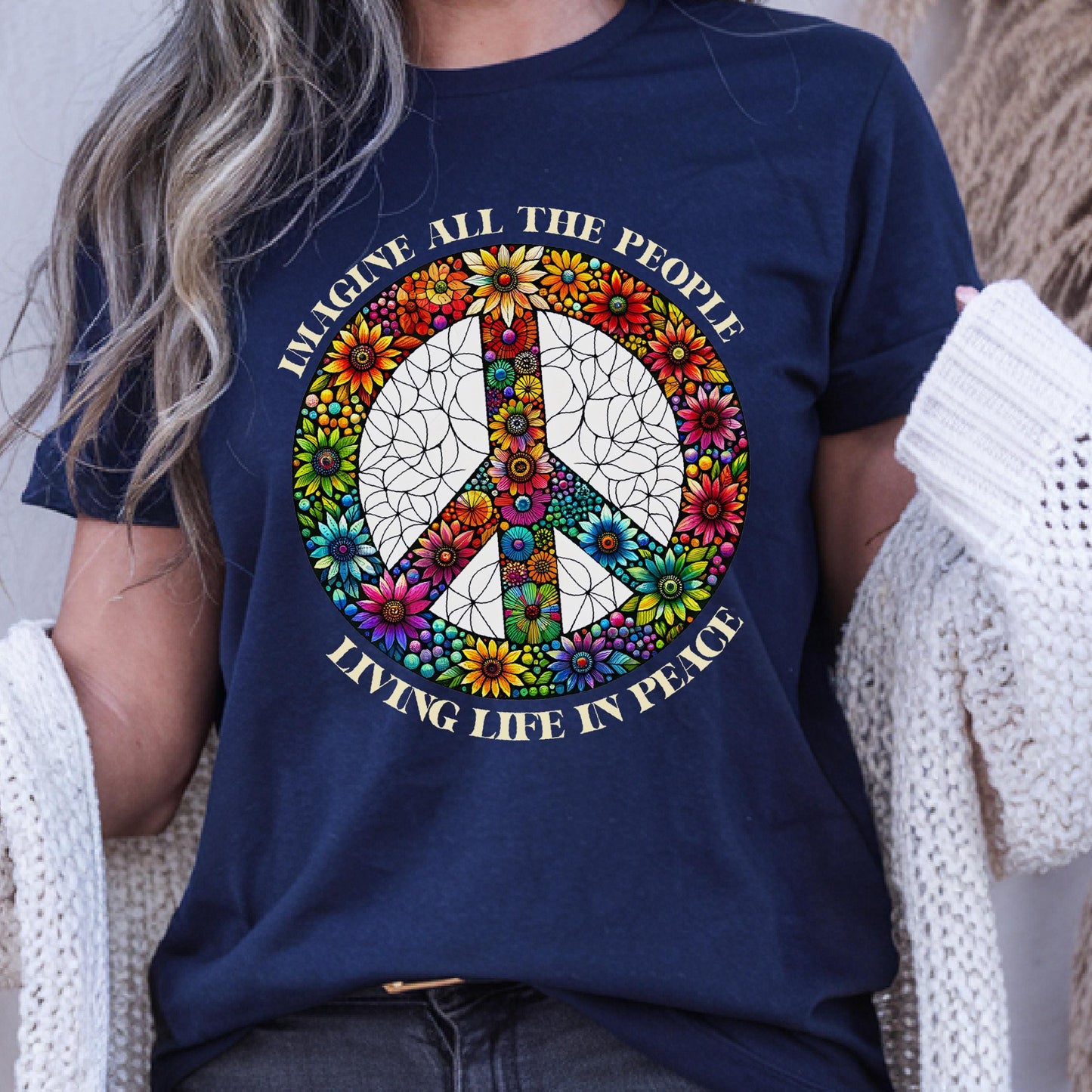 Imagine Peace Sign Flower Shirt, Retro Hippie Boho Tee, Anti War T-Shirt