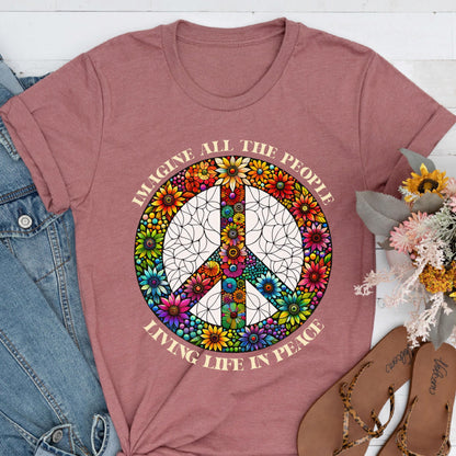 Imagine Peace Sign Flower Shirt, Retro Hippie Boho Tee, Anti War T-Shirt