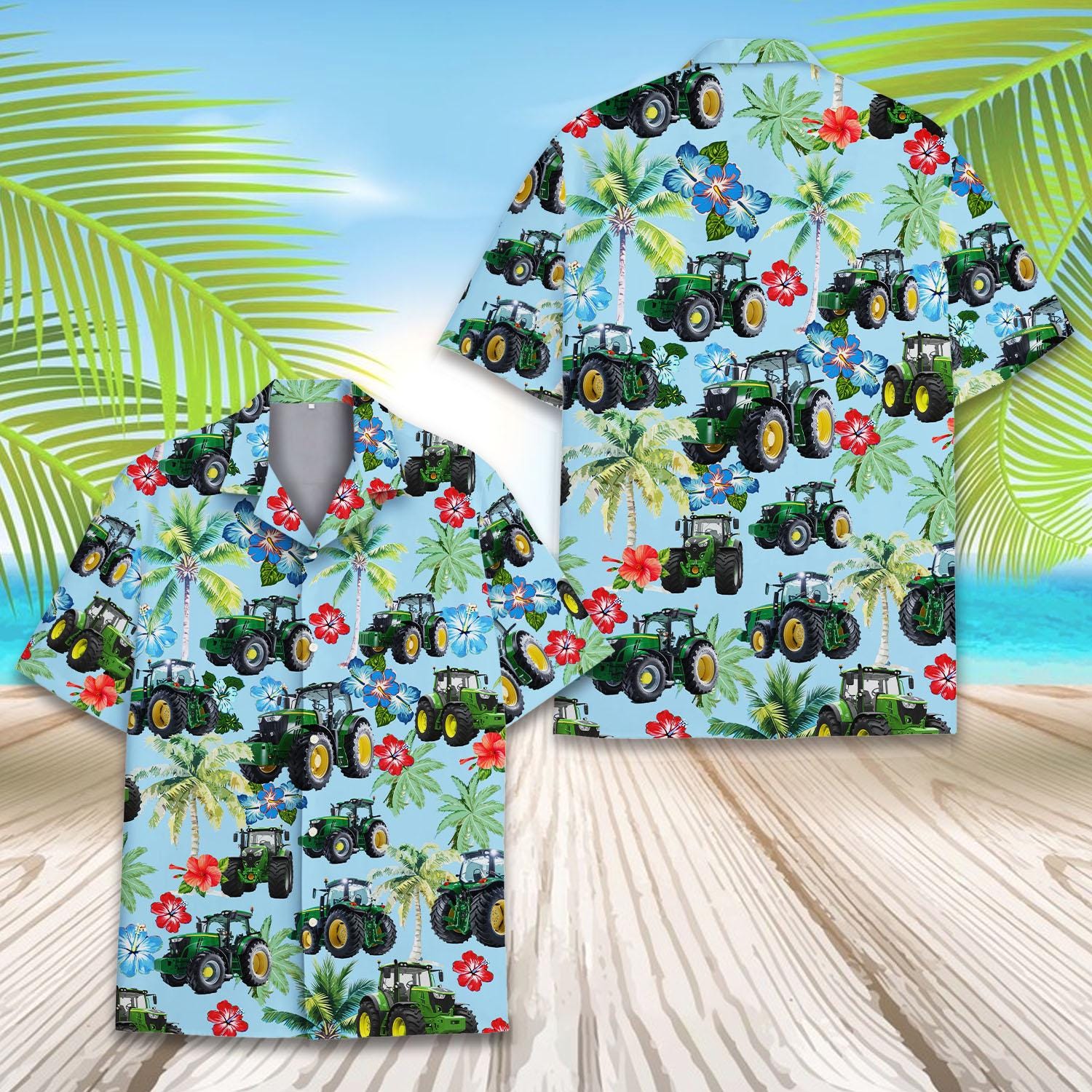 Farm Tractor Hawaiian Shirt for Men Women Youth, Tropical Farmer Aloha Shirt Button Down Short Sleeve, Farming Gift for Him