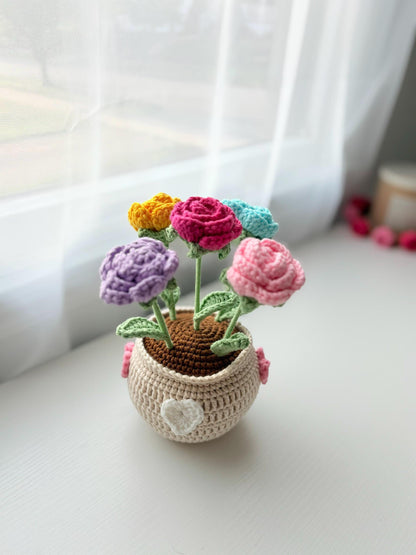 Handmade Crochet Rose Flower Pot,Mother Days Flower Gift, Everlasting Blooms, Cozy Home Decor, Teacher Grad Flower Gift