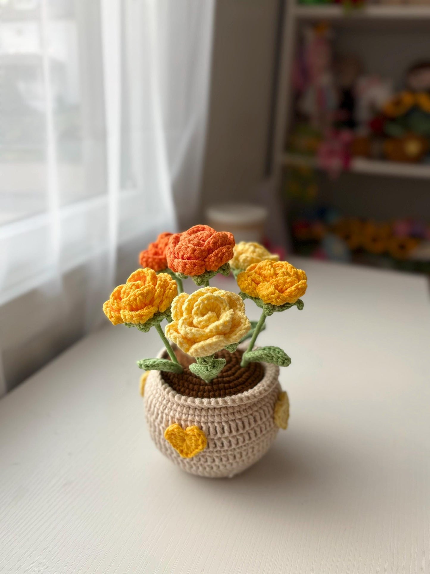 Handmade Crochet Rose Flower Pot,Mother Days Flower Gift, Everlasting Blooms, Cozy Home Decor, Teacher Grad Flower Gift
