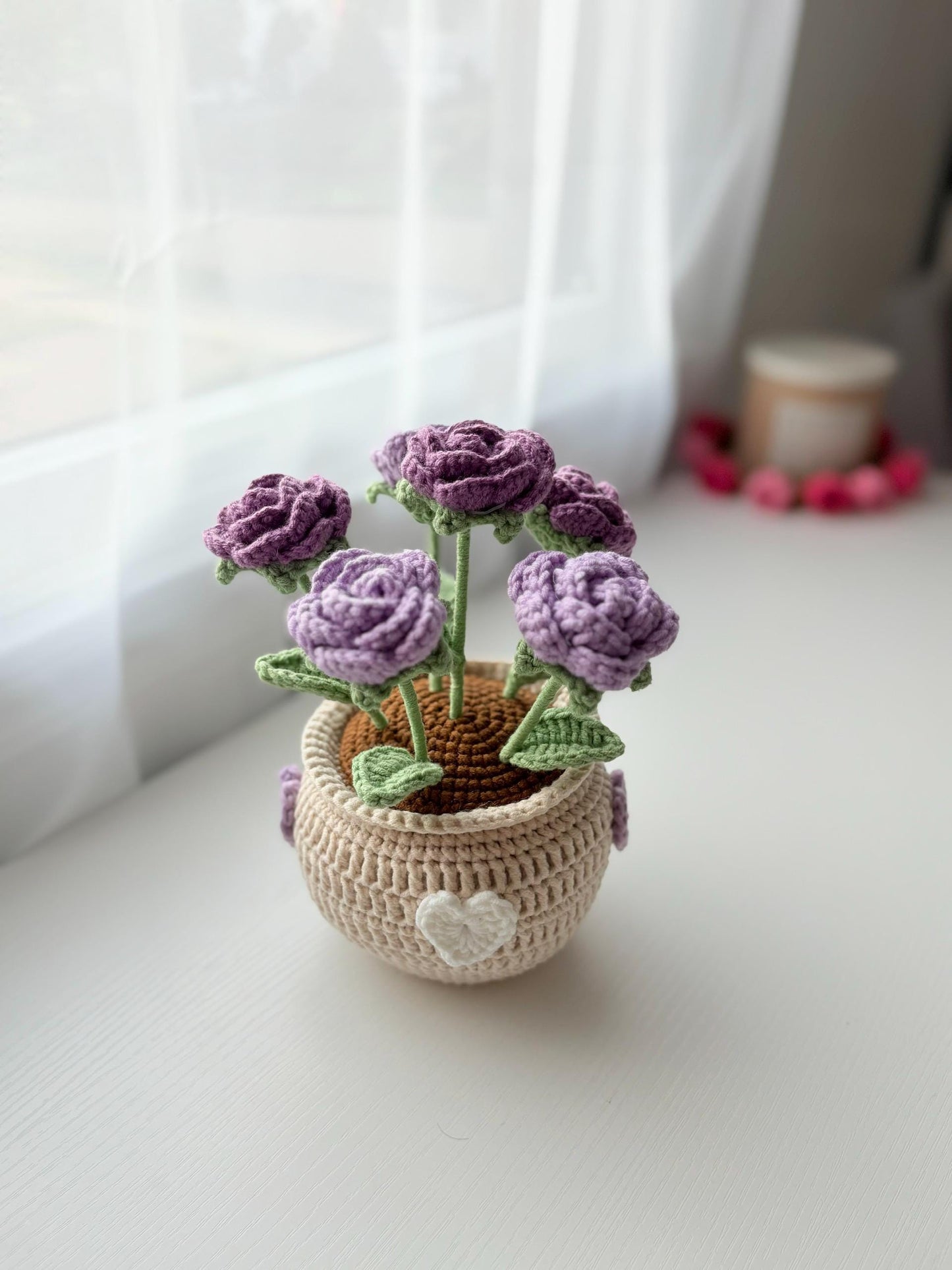 Handmade Crochet Rose Flower Pot,Mother Days Flower Gift, Everlasting Blooms, Cozy Home Decor, Teacher Grad Flower Gift
