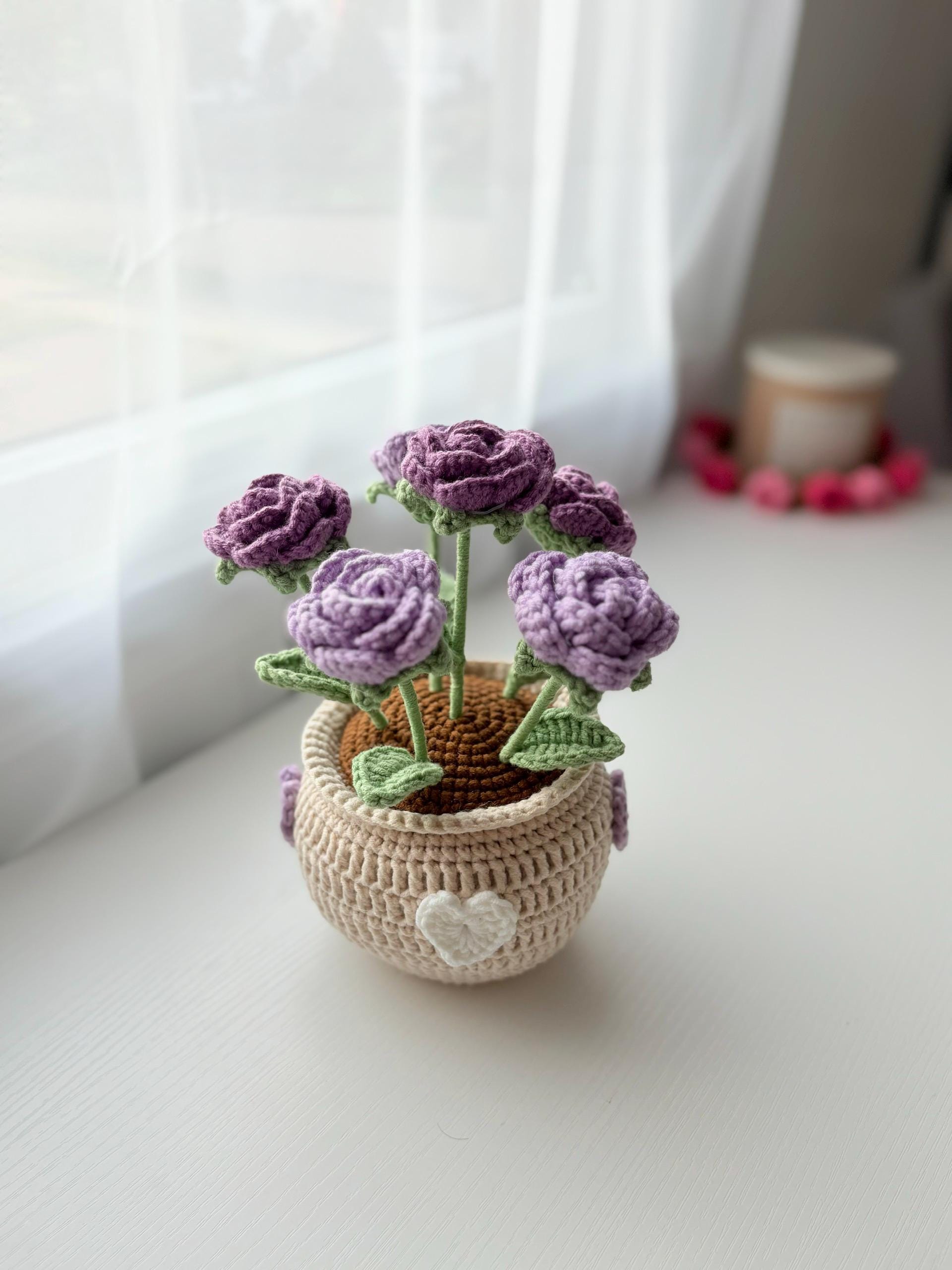 Handmade Crochet Rose Flower Pot,Mother Days Flower Gift, Everlasting Blooms, Cozy Home Decor, Teacher Grad Flower Gift