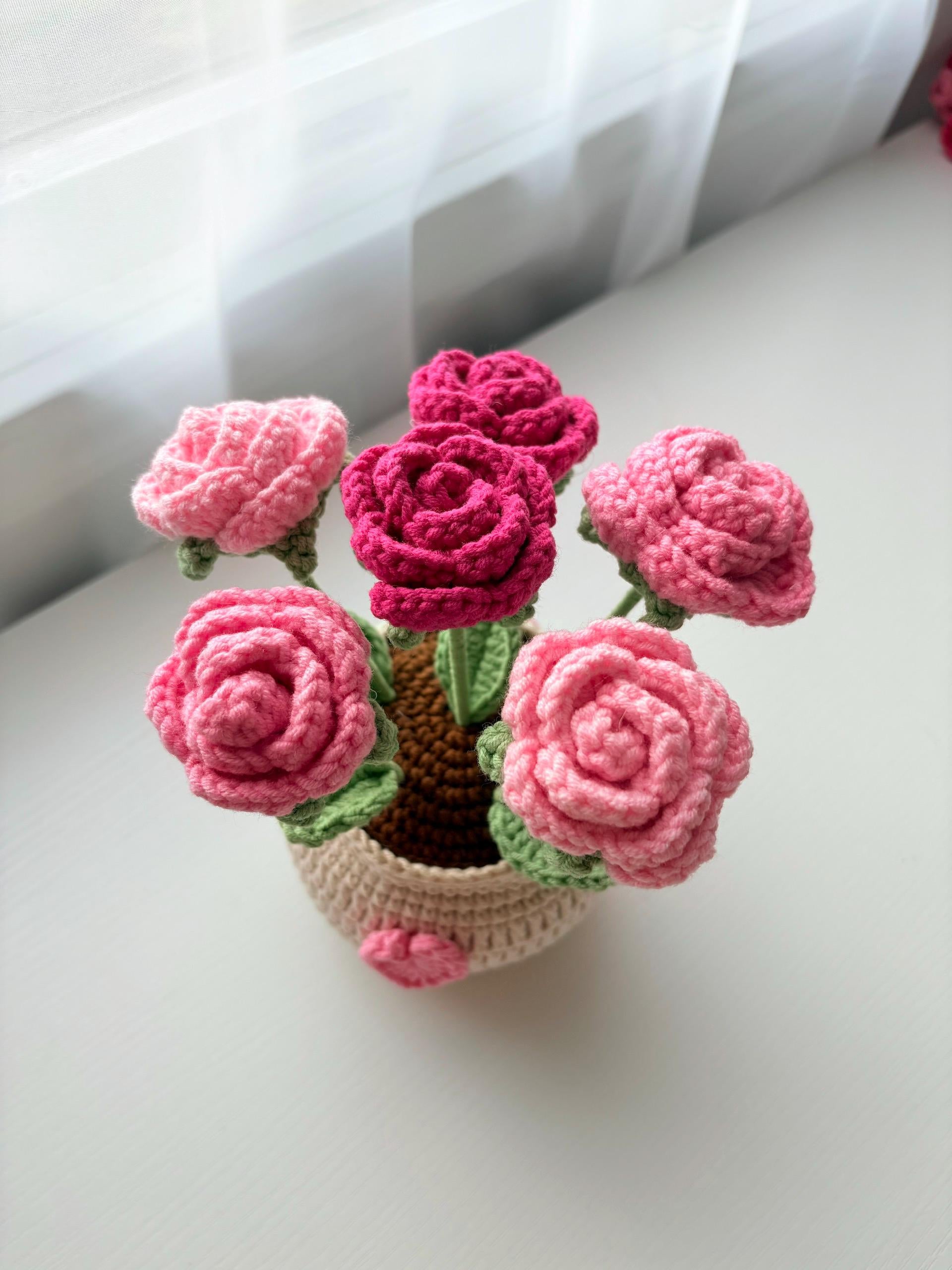 Handmade Crochet Rose Flower Pot,Mother Days Flower Gift, Everlasting Blooms, Cozy Home Decor, Teacher Grad Flower Gift