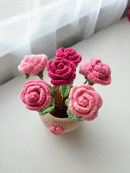 Handmade Crochet Rose Flower Pot,Mother Days Flower Gift, Everlasting Blooms, Cozy Home Decor, Teacher Grad Flower Gift
