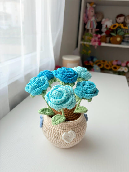Handmade Crochet Rose Flower Pot,Mother Days Flower Gift, Everlasting Blooms, Cozy Home Decor, Teacher Grad Flower Gift