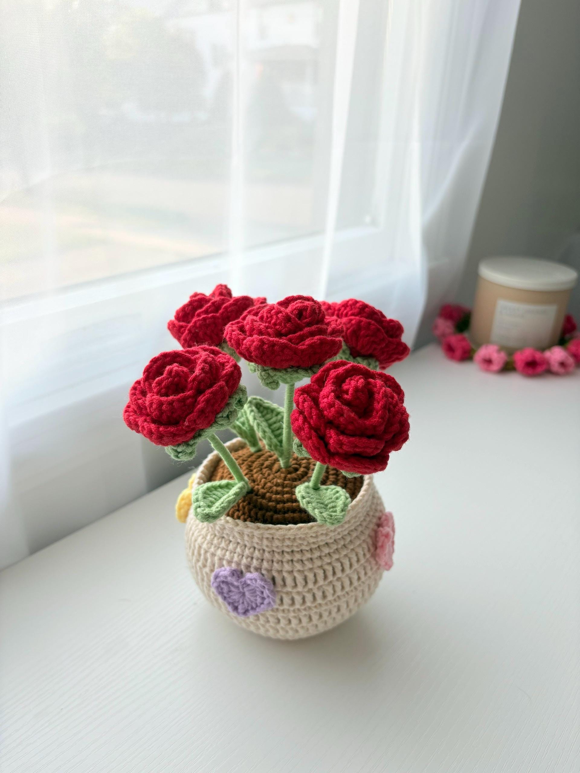 Handmade Crochet Rose Flower Pot,Mother Days Flower Gift, Everlasting Blooms, Cozy Home Decor, Teacher Grad Flower Gift