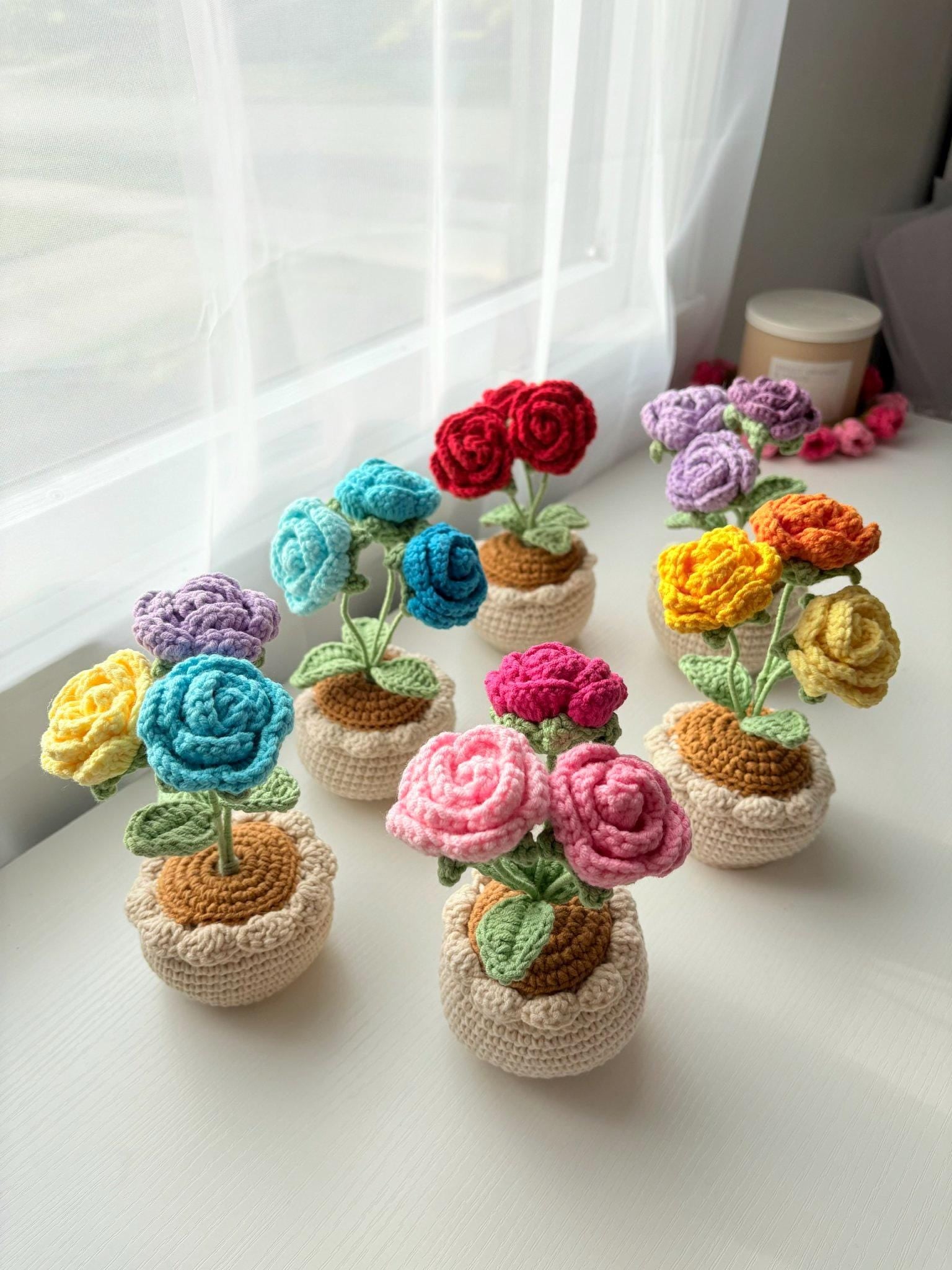Handmade Crochet Rose Flower Pot,Mother Days Flower Gift, Everlasting Blooms, Cozy Home Decor, Teacher Grad Flower Gift