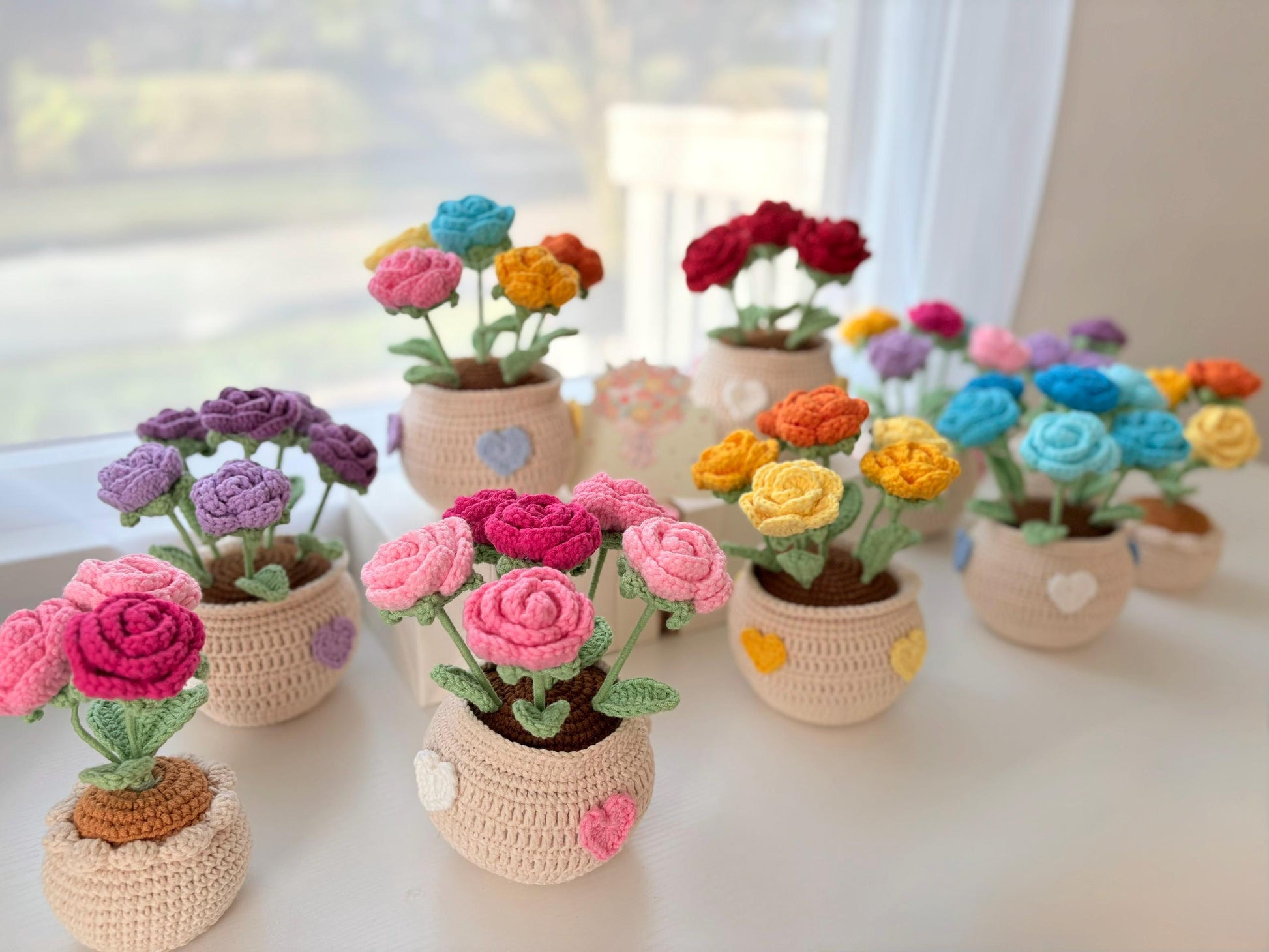 Handmade Crochet Rose Flower Pot,Mother Days Flower Gift, Everlasting Blooms, Cozy Home Decor, Teacher Grad Flower Gift