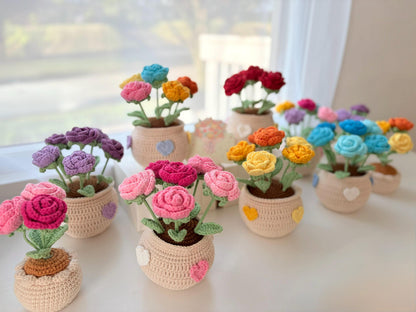 Handmade Crochet Rose Flower Pot,Mother Days Flower Gift, Everlasting Blooms, Cozy Home Decor, Teacher Grad Flower Gift