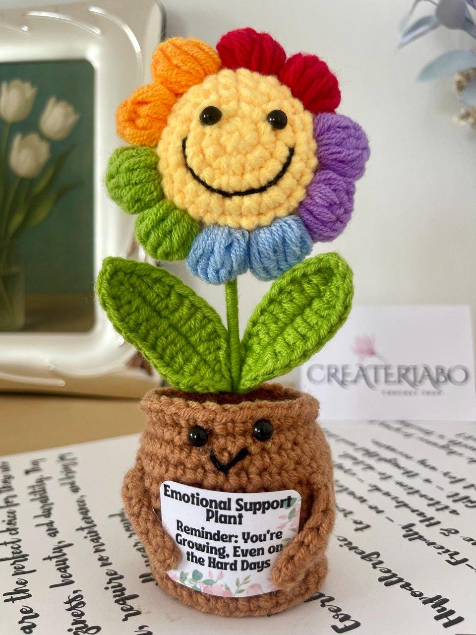 Personalized Gift – Crochet Flower Pot Decor – Encouragement Gift – Emotional Support Gift – Mental Health Desk Decor