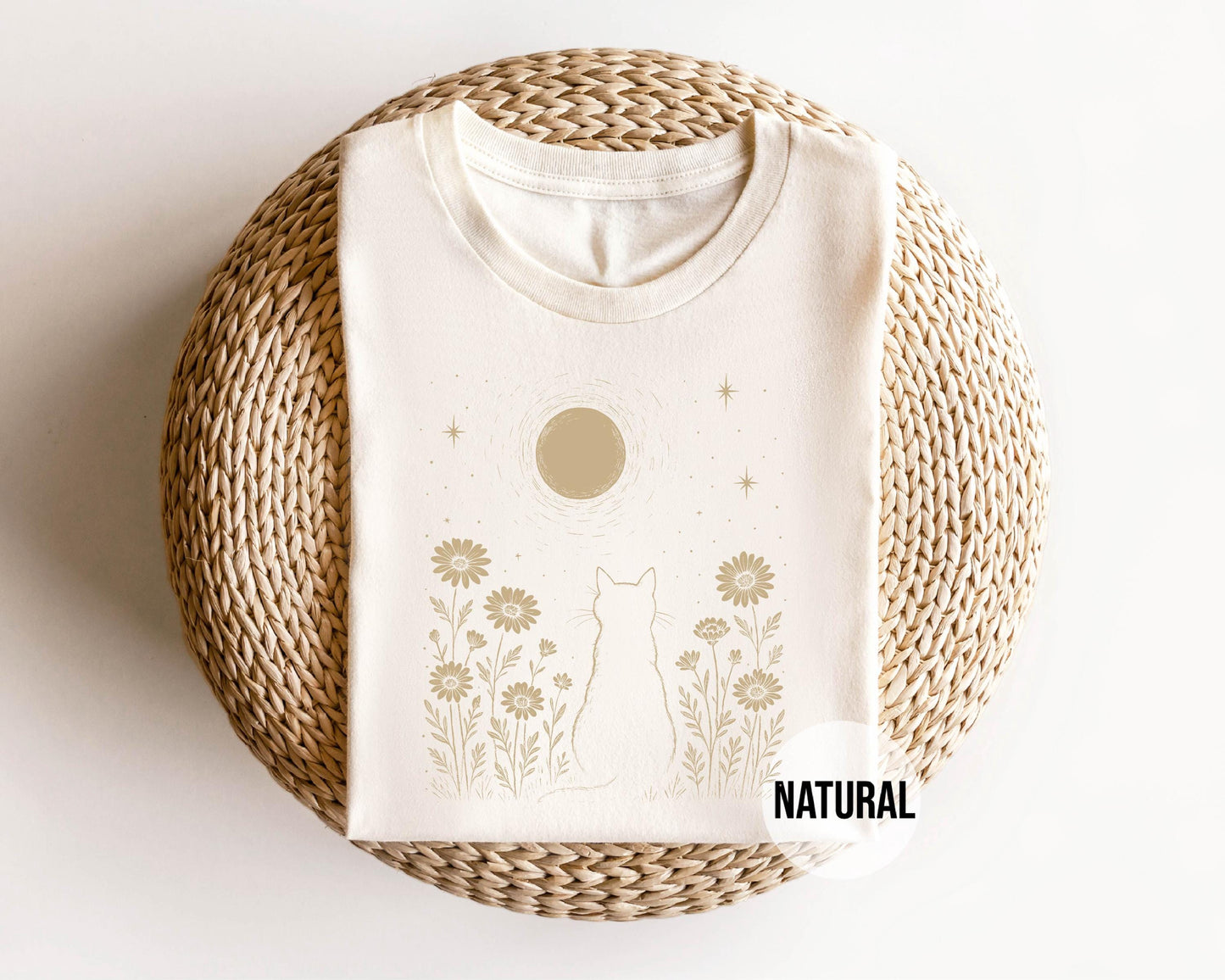 Cat Moon Shirt, Minimalist Cat Lover T-Shirt, Night Sky Floral Tee, Aesthetic Nature Top, Gift for Cat Mom, Moonlight Kitty Graphic Tee