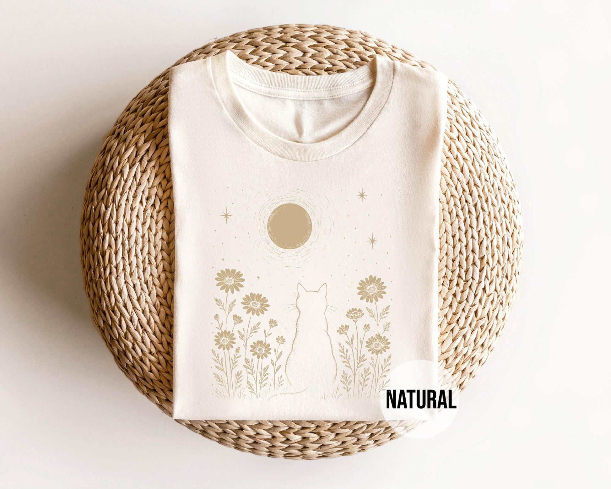Cat Moon Shirt, Minimalist Cat Lover T-Shirt, Night Sky Floral Tee, Aesthetic Nature Top, Gift for Cat Mom, Moonlight Kitty Graphic Tee
