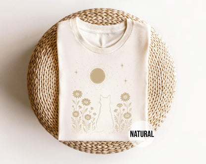 Cat Moon Shirt, Minimalist Cat Lover T-Shirt, Night Sky Floral Tee, Aesthetic Nature Top, Gift for Cat Mom, Moonlight Kitty Graphic Tee