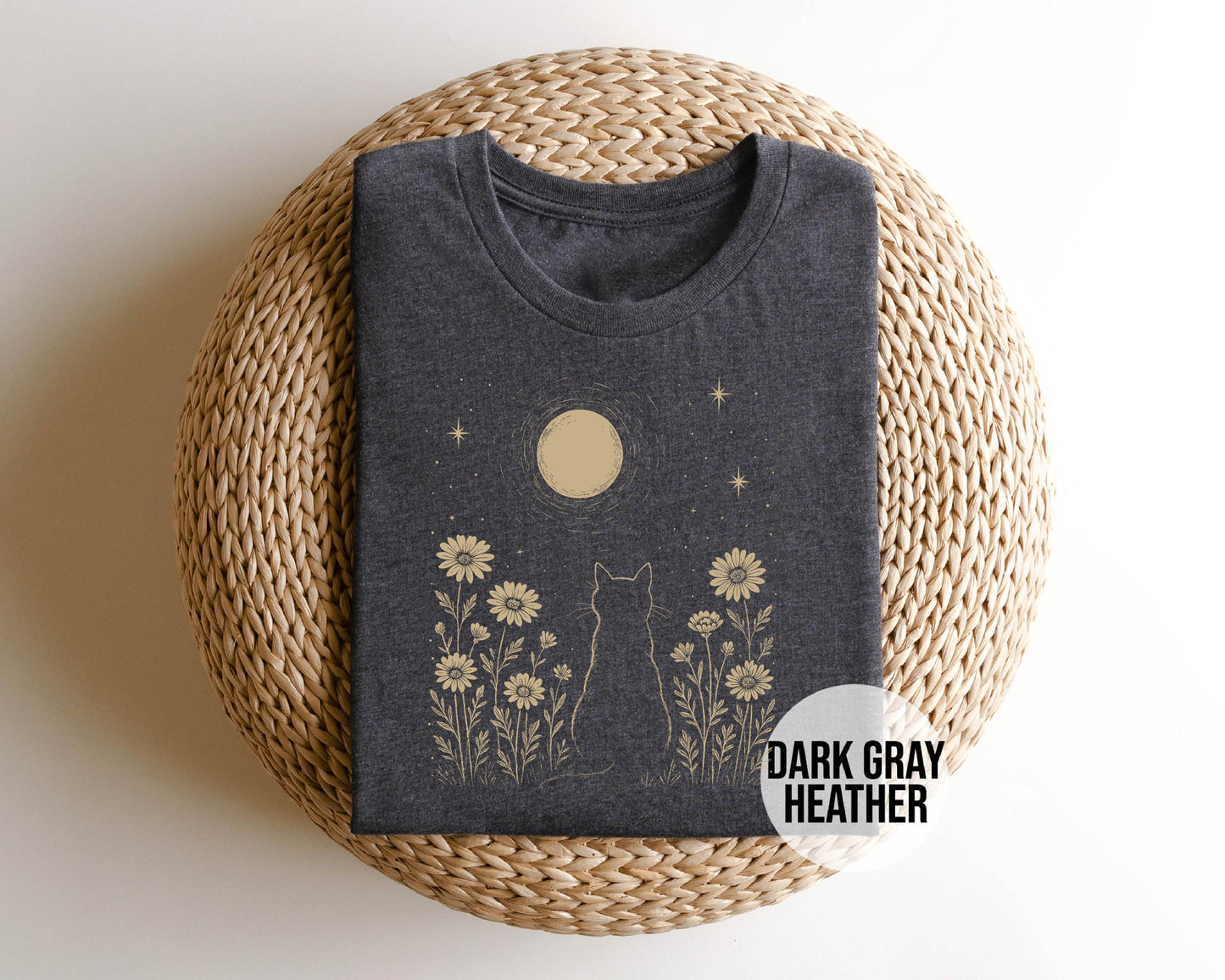 Cat Moon Shirt, Minimalist Cat Lover T-Shirt, Night Sky Floral Tee, Aesthetic Nature Top, Gift for Cat Mom, Moonlight Kitty Graphic Tee