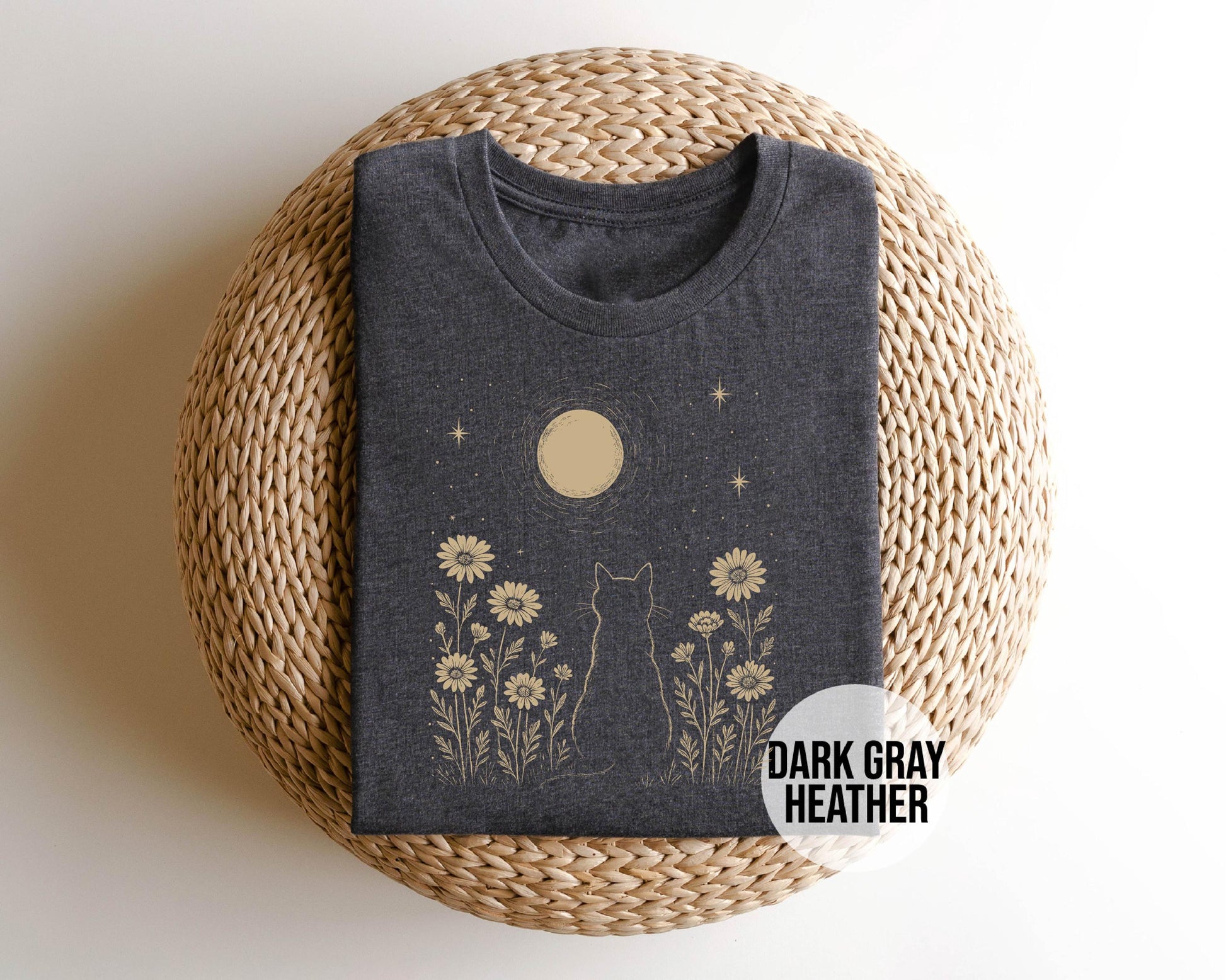 Cat Moon Shirt, Minimalist Cat Lover T-Shirt, Night Sky Floral Tee, Aesthetic Nature Top, Gift for Cat Mom, Moonlight Kitty Graphic Tee