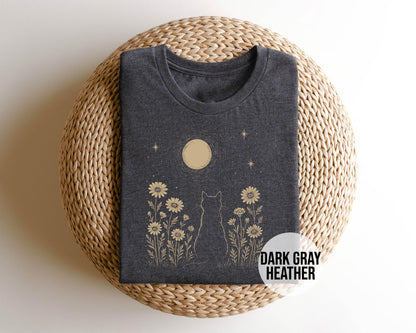 Cat Moon Shirt, Minimalist Cat Lover T-Shirt, Night Sky Floral Tee, Aesthetic Nature Top, Gift for Cat Mom, Moonlight Kitty Graphic Tee