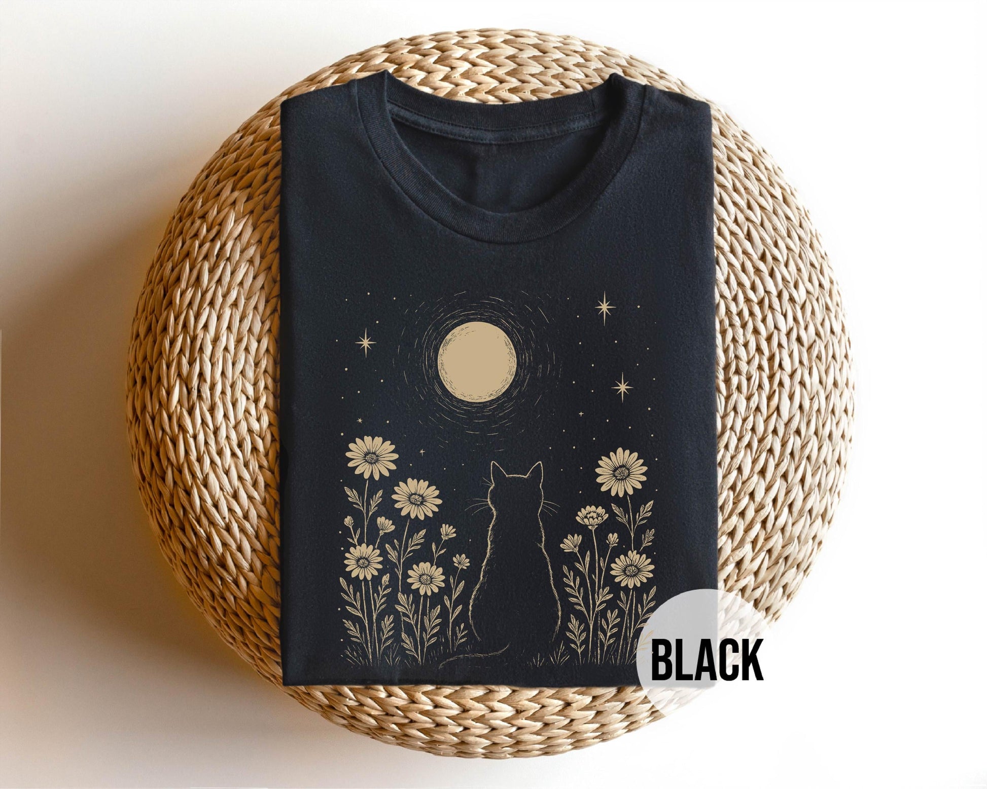 Cat Moon Shirt, Minimalist Cat Lover T-Shirt, Night Sky Floral Tee, Aesthetic Nature Top, Gift for Cat Mom, Moonlight Kitty Graphic Tee