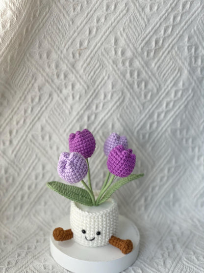 Handmade Crochet Tulip Flower Pot, Pink, Purple, Orange, Cute Gift for Mom, Girlfriend, Friend,Crochet Rose Bouquet, Birthday Gift