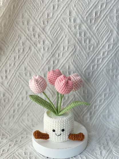 Handmade Crochet Tulip Flower Pot, Pink, Purple, Orange, Cute Gift for Mom, Girlfriend, Friend,Crochet Rose Bouquet, Birthday Gift