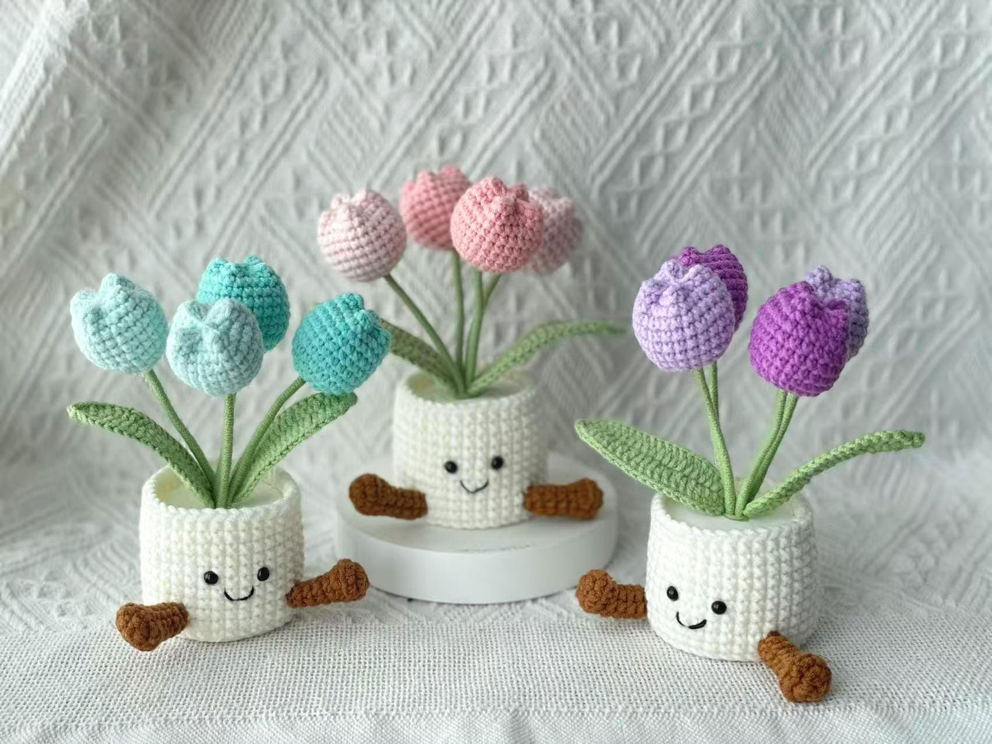 Handmade Crochet Tulip Flower Pot, Pink, Purple, Orange, Cute Gift for Mom, Girlfriend, Friend,Crochet Rose Bouquet, Birthday Gift