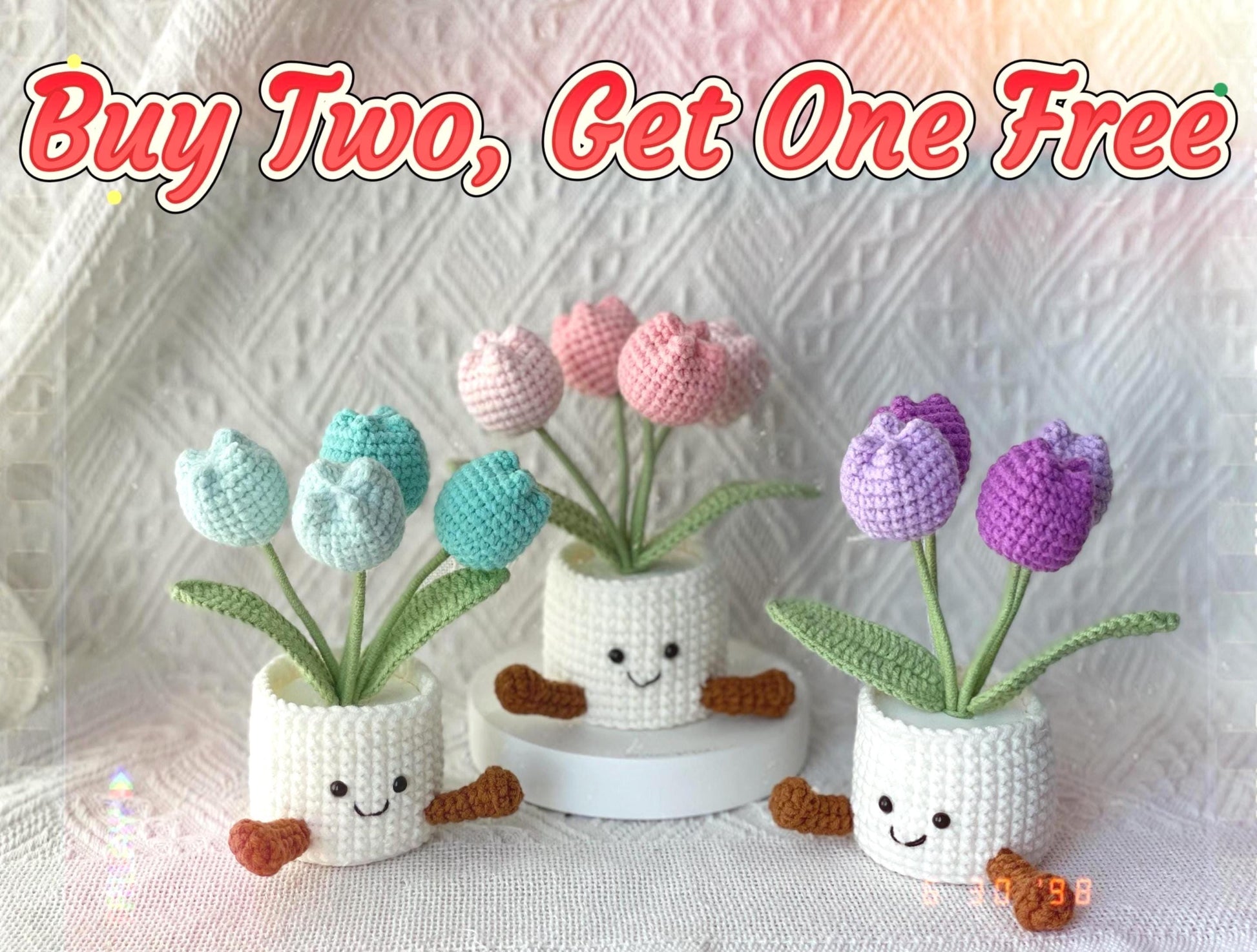 Handmade Crochet Tulip Flower Pot, Pink, Purple, Orange, Cute Gift for Mom, Girlfriend, Friend,Crochet Rose Bouquet, Birthday Gift