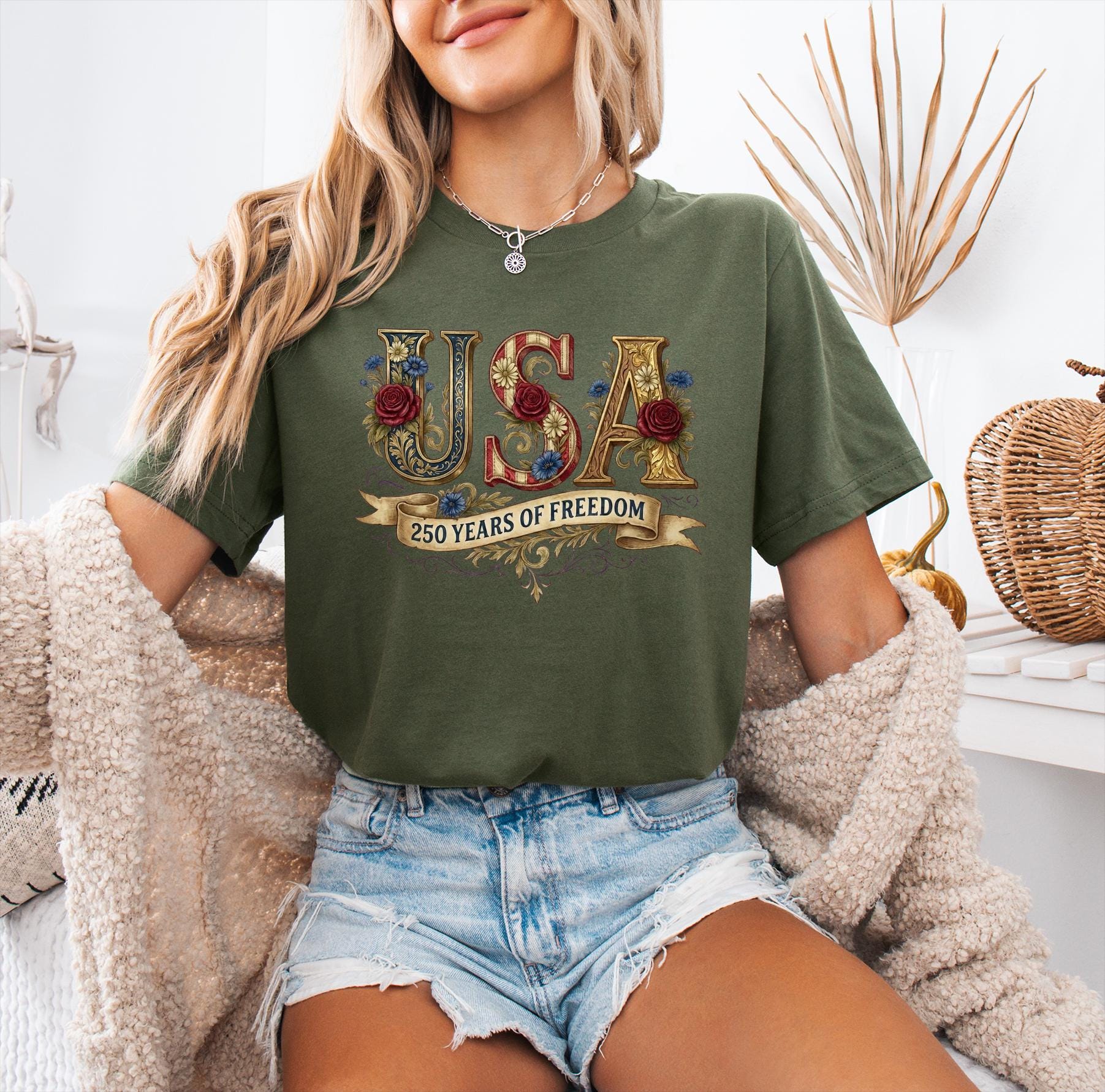 Retro USA 250 Shirt: Floral Patriotic Tshirt Independence Day Celebration