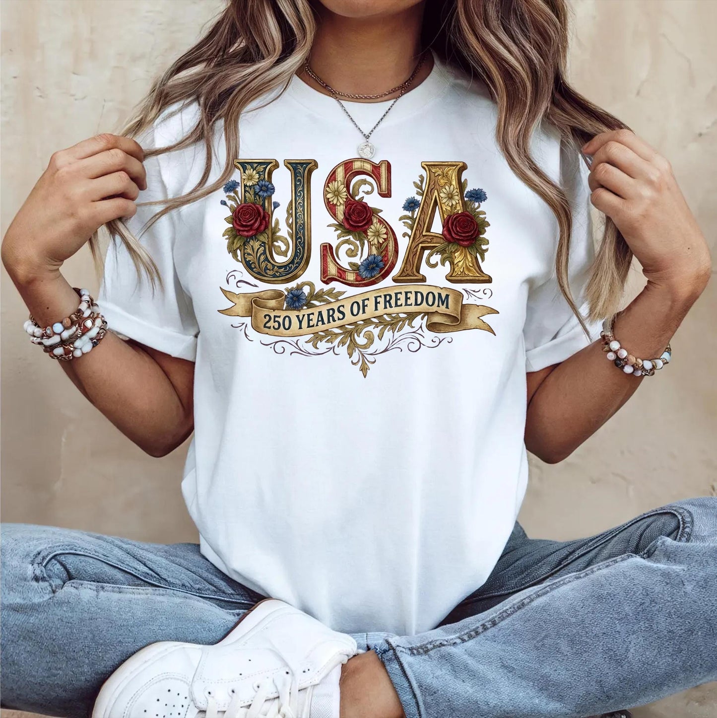 Retro USA 250 Shirt: Floral Patriotic Tshirt Independence Day Celebration