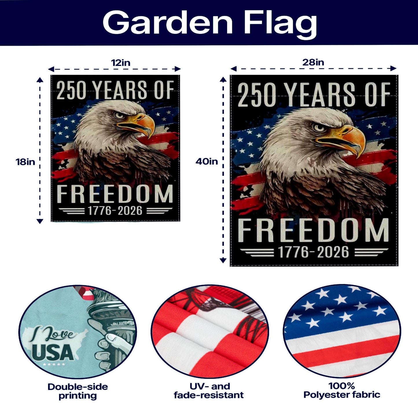 250 Years of Freedom Garden Flag, Patriotic Eagle, Double Sided