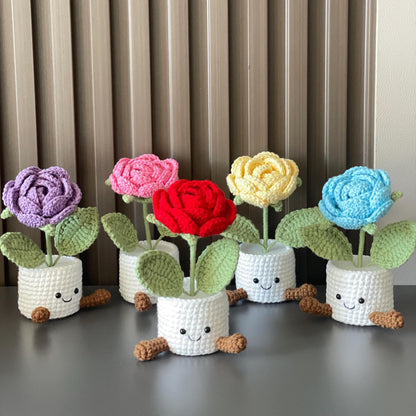 Handmade Crochet Tulip Flower Pot, Pink, Purple, Orange, Cute Gift for Mom, Girlfriend, Friend,Crochet Rose Bouquet, Birthday Gift