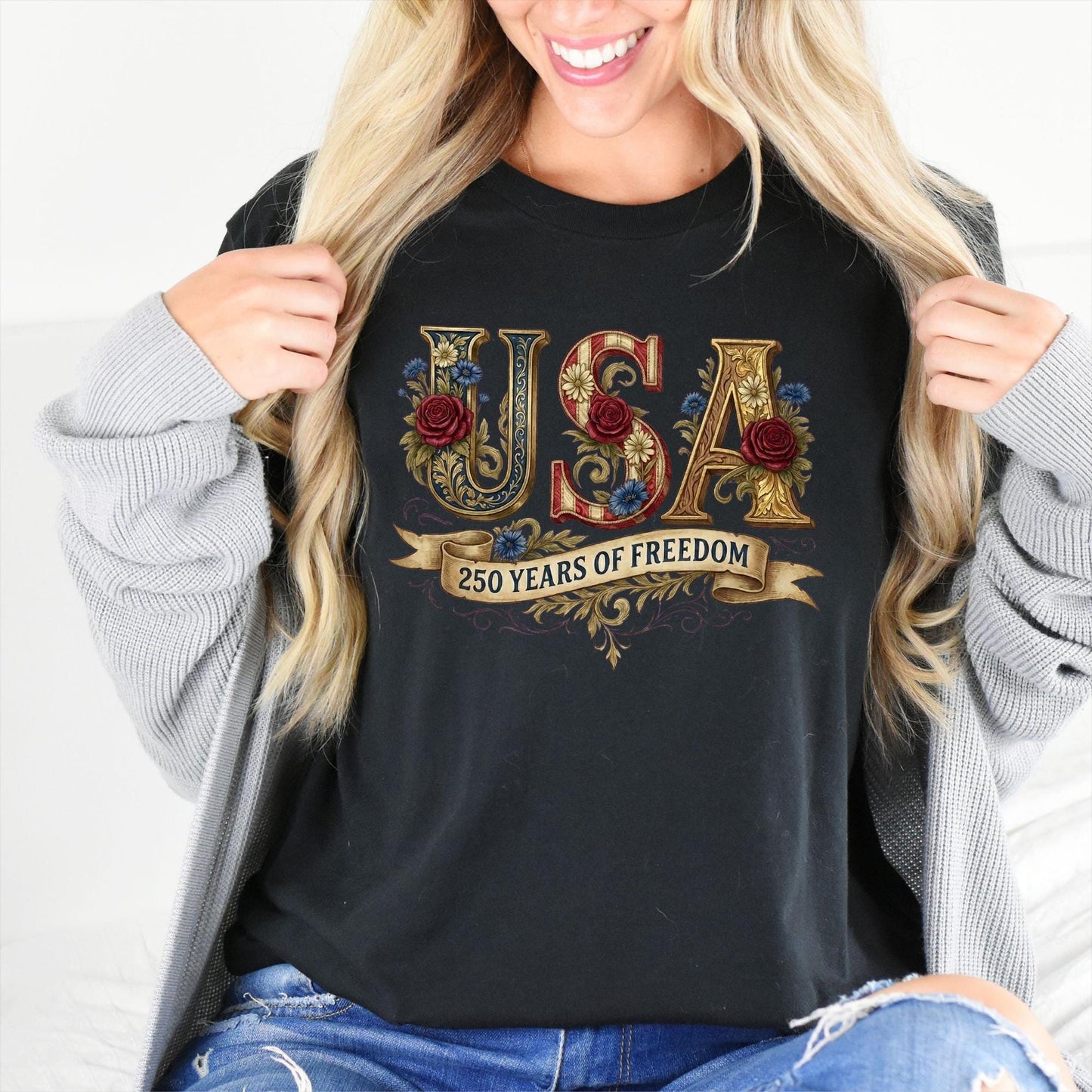 Retro USA 250 Shirt: Floral Patriotic Tshirt Independence Day Celebration