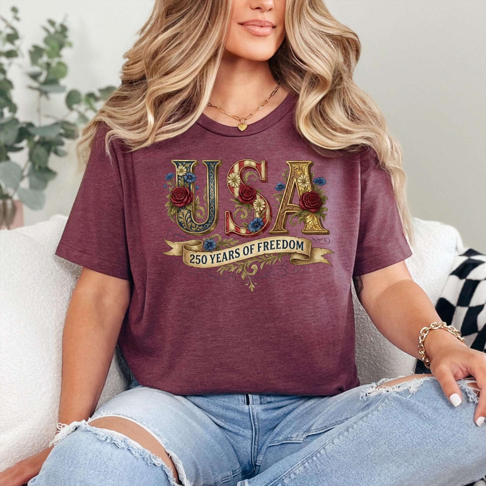 Retro USA 250 Shirt: Floral Patriotic Tshirt Independence Day Celebration