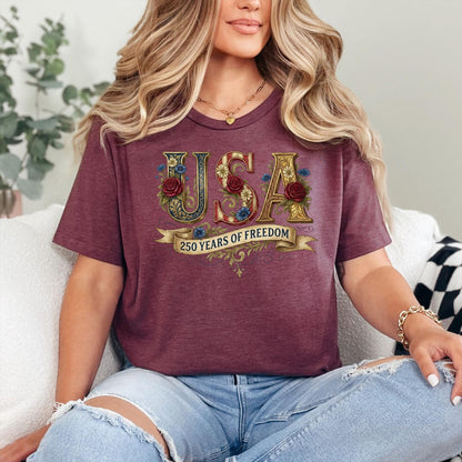 Retro USA 250 Shirt: Floral Patriotic Tshirt Independence Day Celebration