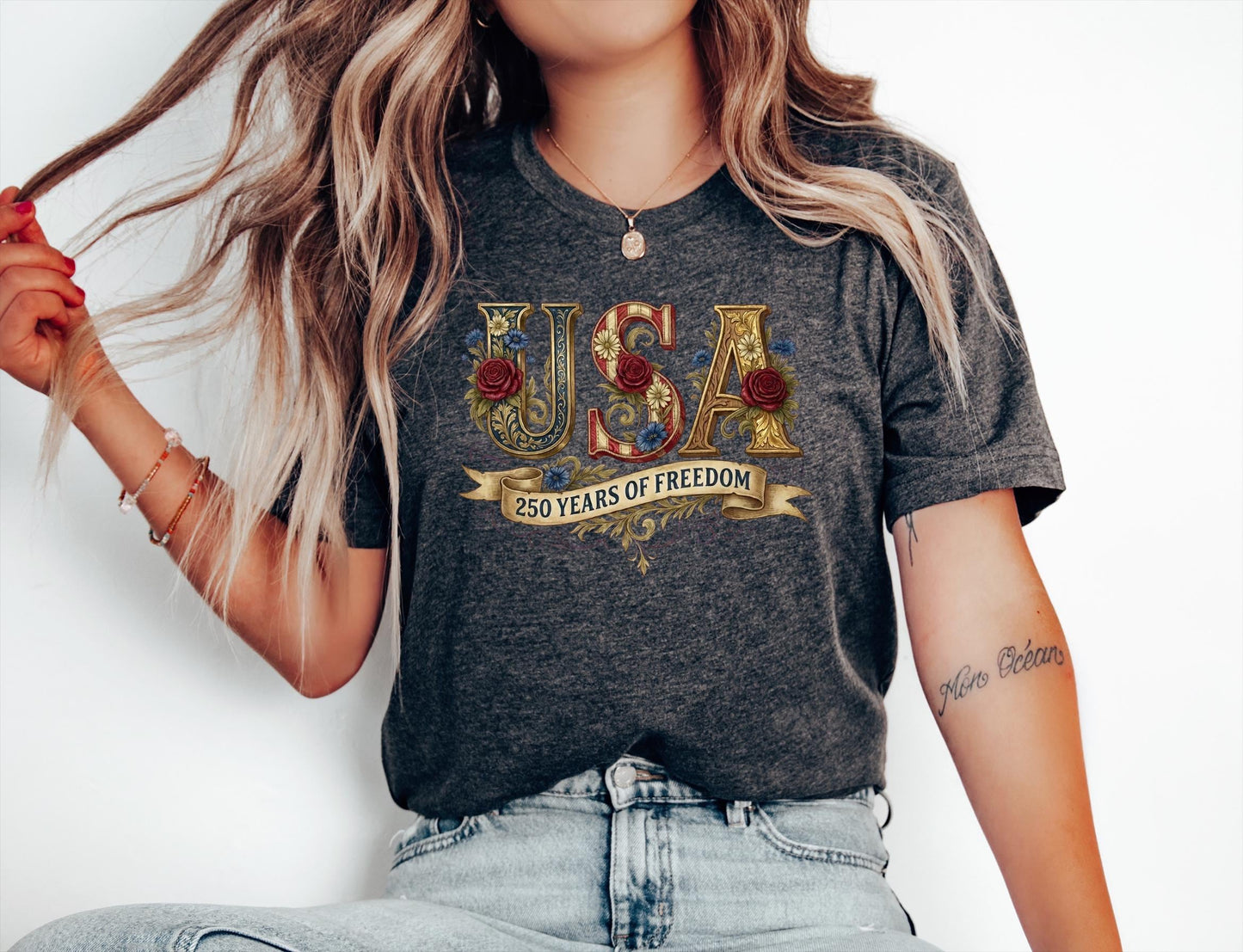 Retro USA 250 Shirt: Floral Patriotic Tshirt Independence Day Celebration