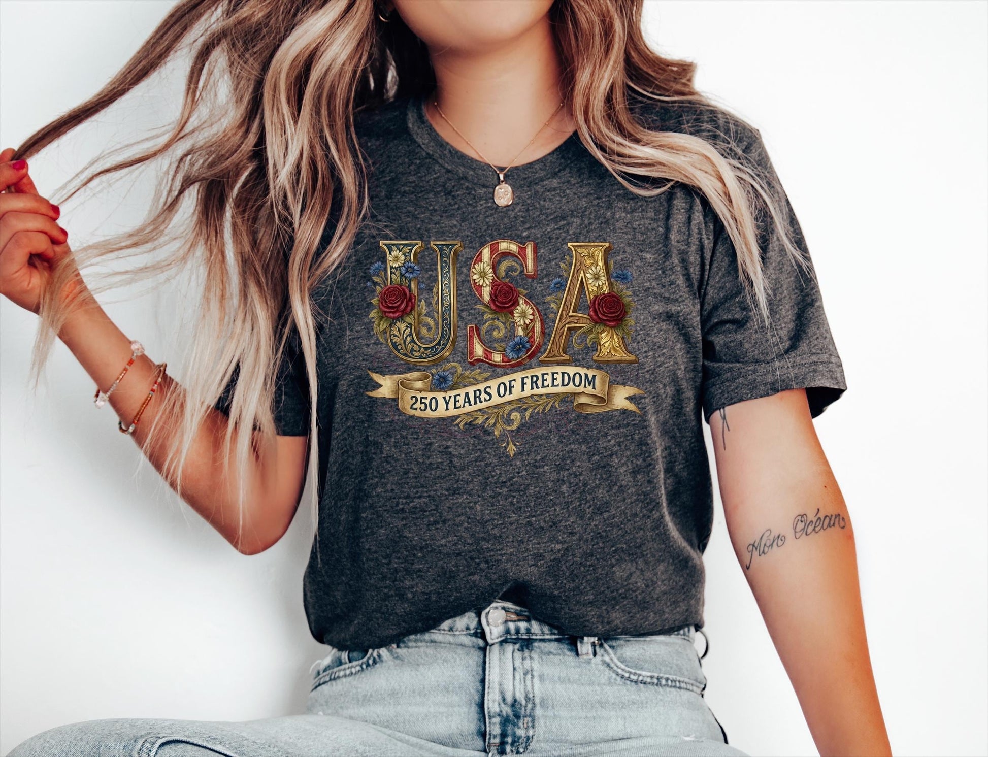 Retro USA 250 Shirt: Floral Patriotic Tshirt Independence Day Celebration
