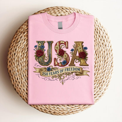 Retro USA 250 Shirt: Floral Patriotic Tshirt Independence Day Celebration
