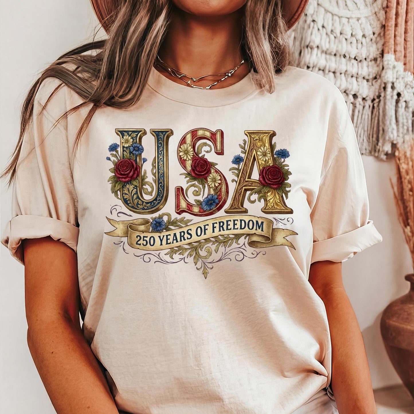 Retro USA 250 Shirt: Floral Patriotic Tshirt Independence Day Celebration