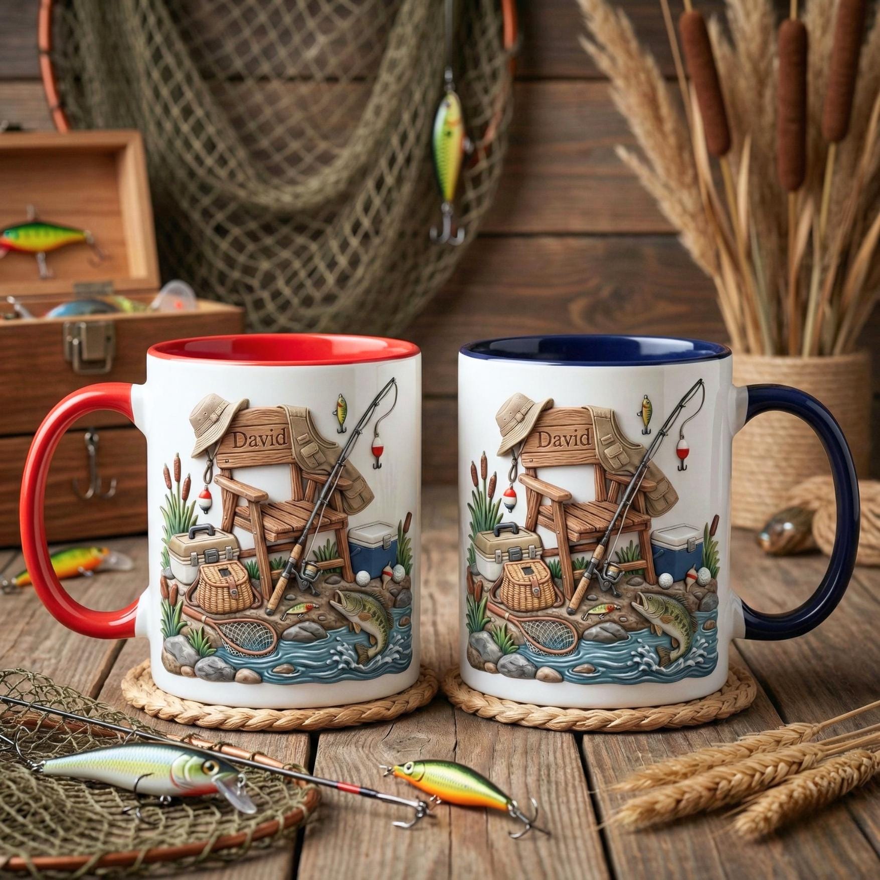 Personalized Fisherman Accent Mug, Fishing Lure Coffee Cup, Father’s Day Gift for Dad or Grandpa, Custom Mug Gift For Fishing Lover