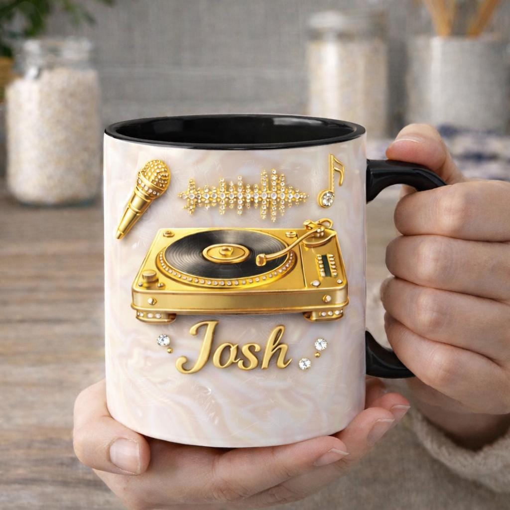 Personalized DJ Mug, Luxury Turntable Coffee Mug, Gold Vinyl Music Design Ceramic Cup, Gift for Music Lover